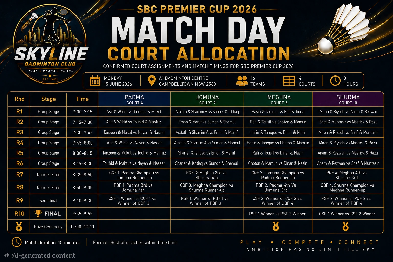 SBC Premier Cup 2026 official court schedule — round-by-round match allocation across 4 courts from 7:00am to the 10:00am prize ceremony.